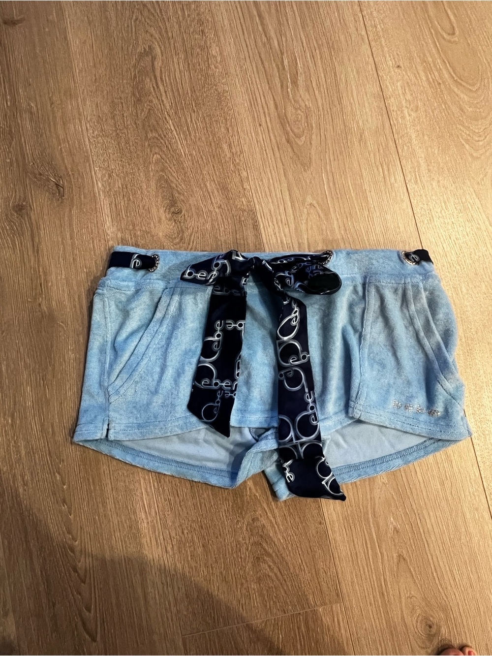 bebe Light Blue Shorts with Navy Logo Tie NWOT